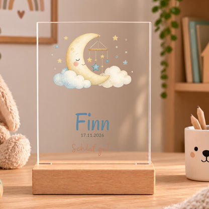 Personalisiertes Nachtlicht rechteckig, Mond und Sterne, LED Acryl mit Holzsockel, Kinderzimmer, Geschenk Geburt Taufe Geburtstag