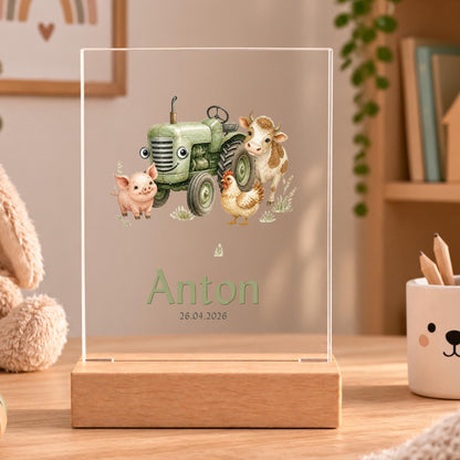 Personalisiertes Nachtlicht rechteckig, Traktor und Bauernhoftiere, LED Acryl mit Holzsockel, Kinderzimmer, Geschenk Geburt Taufe Geburtstag
