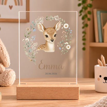 Personalisiertes Nachtlicht rechteckig, Rehkitz mit Blumen, LED Acryl mit Holzsockel, Kinderzimmer, Geschenk Geburt Taufe Geburtstag