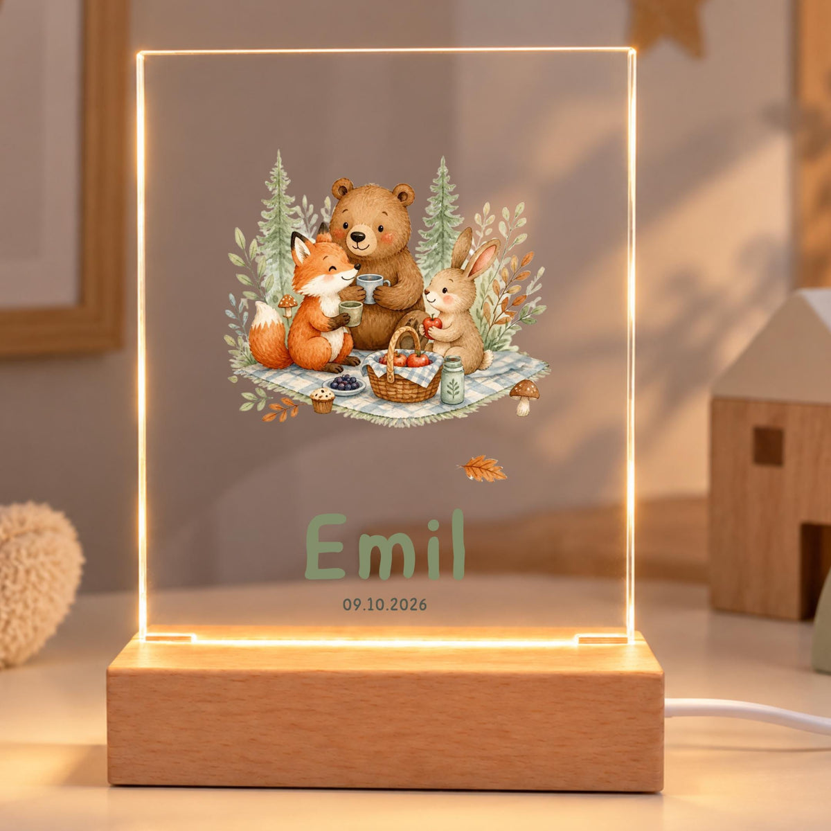 Personalisiertes Nachtlicht rechteckig, Waldtiere beim Picknick, LED Acryl mit Holzsockel, Kinderzimmer, Geschenk Geburt Taufe Geburtstag