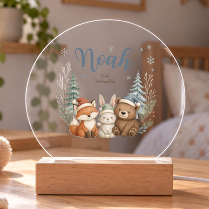 Personalisiertes Nachtlicht rund, Winterwaldtiere, LED Acryl mit Holzsockel, Kinderzimmer, Weihnachtsgeschenk für Kinder