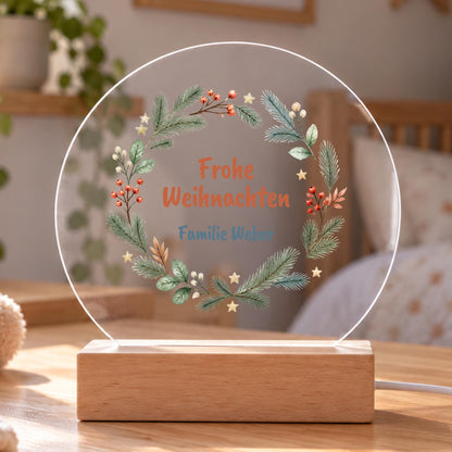 Personalisiertes Nachtlicht rund, Weihnachtskranz mit Familiennamen, LED Acryl mit Holzsockel, Weihnachtsgeschenk