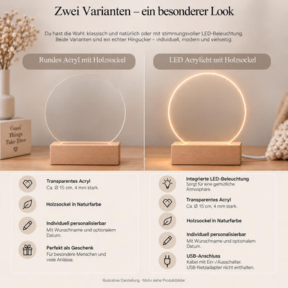 Personalisiertes Nachtlicht rund, Fuchs mit Blumen, LED Acryl mit Holzsockel, Kinderzimmer, Geschenk Geburt Taufe Geburtstag