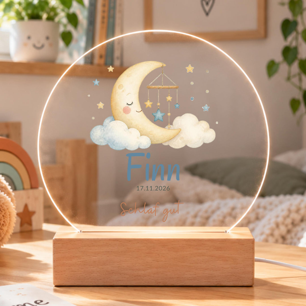 Personalisiertes Nachtlicht rund, Mond und Sterne, LED Acryl mit Holzsockel, Kinderzimmer, Geschenk Geburt Taufe Geburtstag
