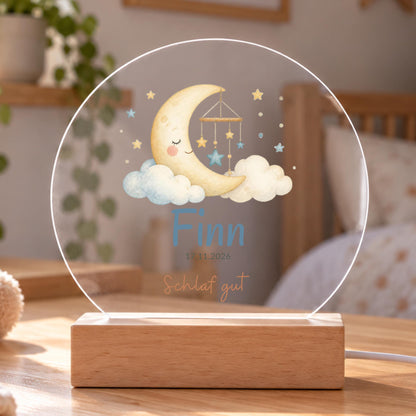 Personalisiertes Nachtlicht rund, Mond und Sterne, LED Acryl mit Holzsockel, Kinderzimmer, Geschenk Geburt Taufe Geburtstag