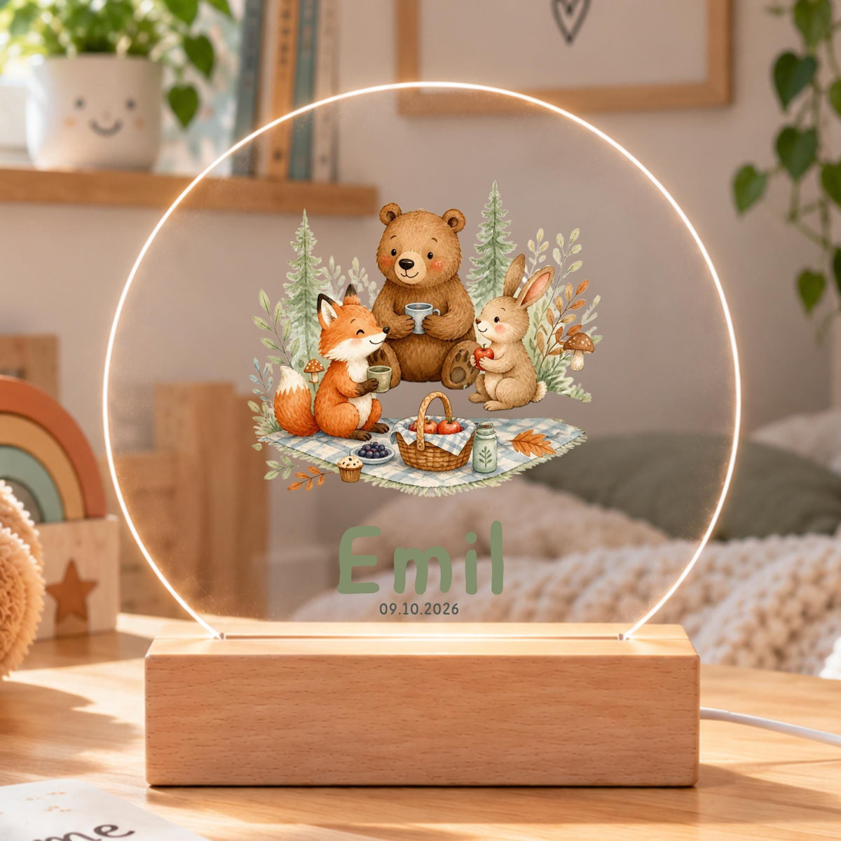 Personalisiertes Nachtlicht rund, Waldtiere beim Picknick, LED Acryl mit Holzsockel, Kinderzimmer, Geschenk Geburt Taufe Geburtstag
