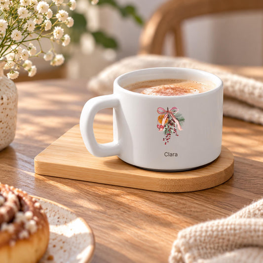 Personalisierte Weihnachtstasse mit Namen | Weihnachtsgeschenk für Familie und Freunde | Wichtelgeschenk | Mit Bambusuntersetzer