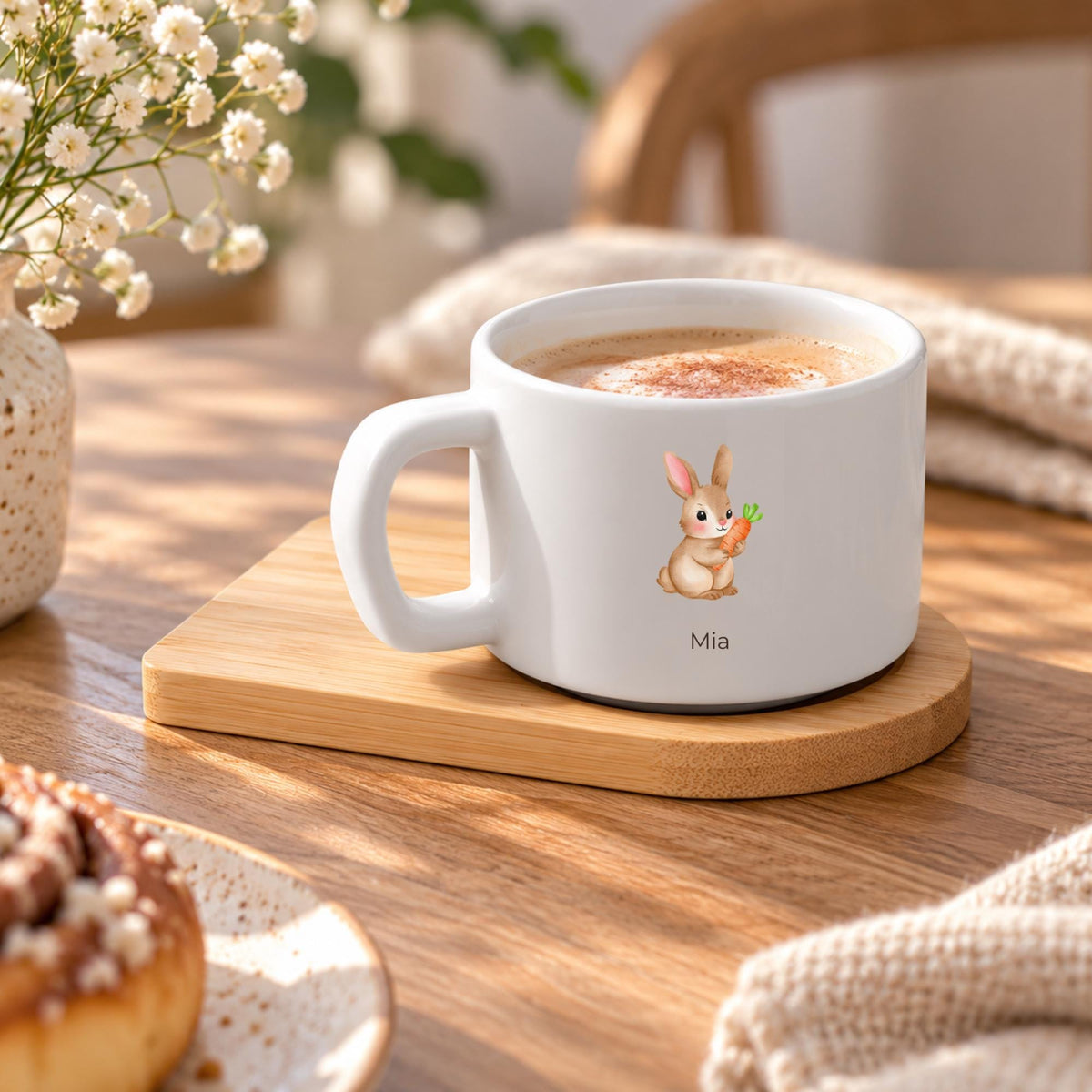 Personalisierte Ostertasse mit Namen | Osterhase Aquarell | Ostergeschenk für Familie | Frühlingsgeschenk mit Bambusuntersetzer
