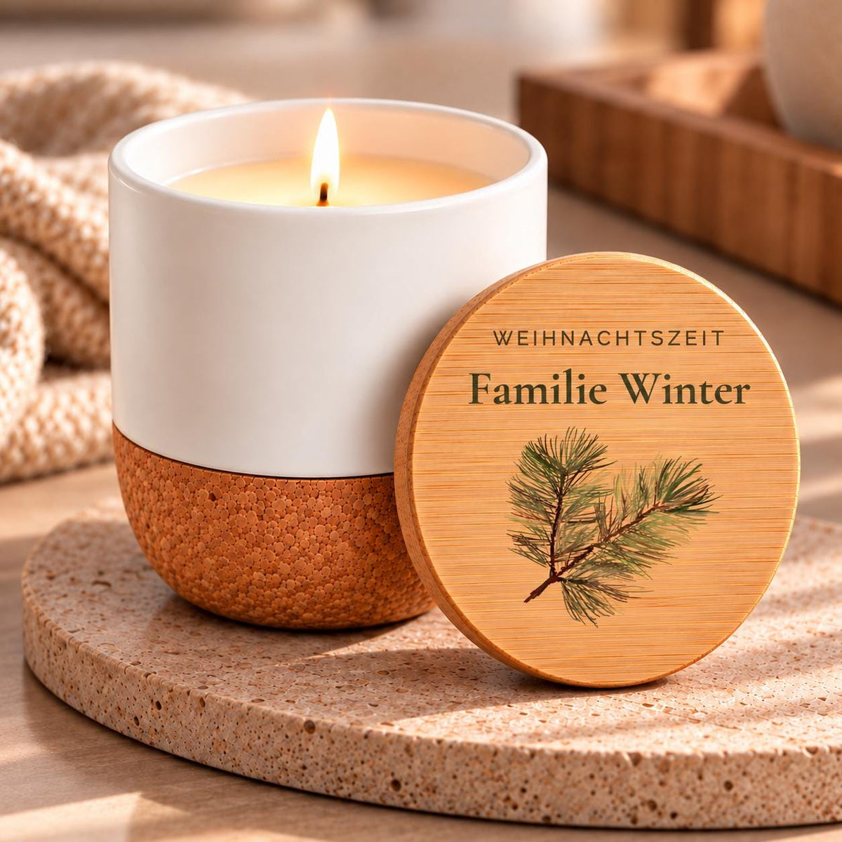 Personalisierte Duftkerze zu Weihnachten | Familienname + Tannenzweig | Weihnachtsgeschenk für Familie | Vanille, Keramik mit Bambusdeckel