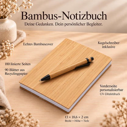 Personalisiertes Bambus Notizbuch mit Namen und Wunschtext | Tagebuch, Erinnerungen | Stift, linierte Seiten | Freundin, Familie, Geburtstag