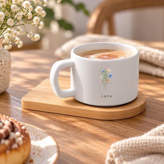 Personalisierte Tasse mit Namen und Wildblumen | Geschenk für Freundin zum Geburtstag | Florales Dankeschön | Mit Bambusuntersetzer
