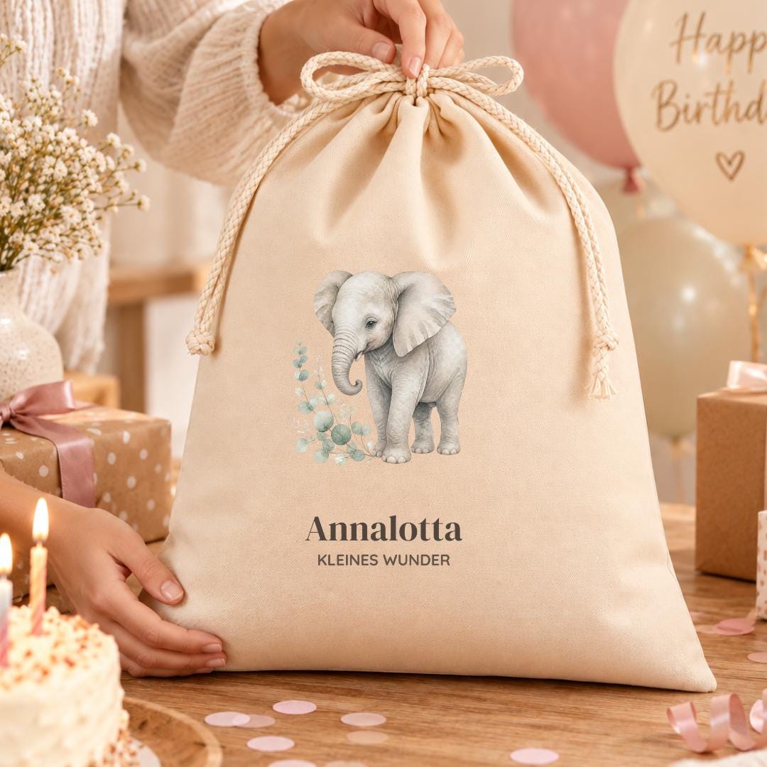 Geschenkbeutel mit Namen – personalisierte Geschenkverpackung zur Geburt und Taufe, Baby Geschenk Mädchen Jungen, Aquarell Elefant