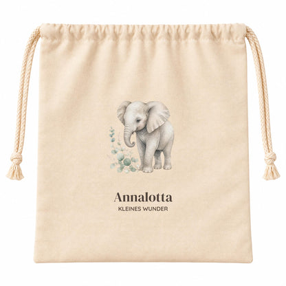 Geschenkbeutel mit Namen – personalisierte Geschenkverpackung zur Geburt und Taufe, Baby Geschenk Mädchen Jungen, Aquarell Elefant