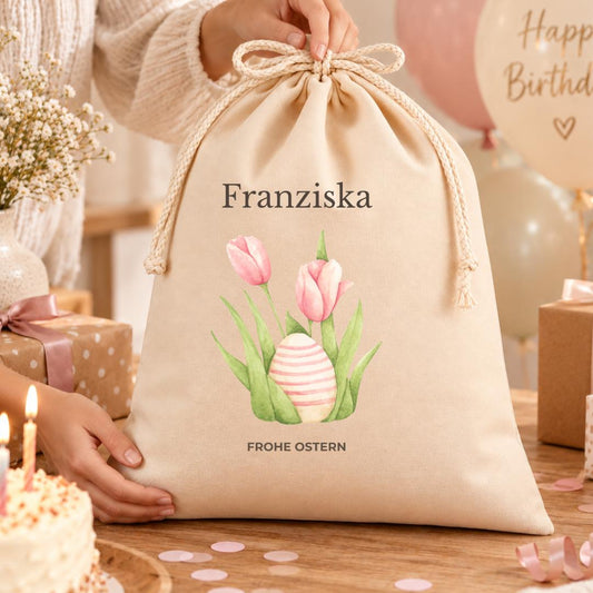 Geschenkbeutel mit Namen – personalisierte Geschenkverpackung zu Ostern, Ostergeschenk Frau Freundin Kinder, Tulpen Osterei Frühling