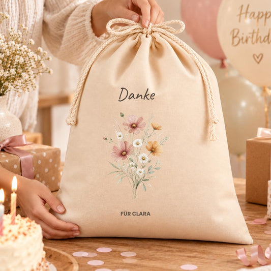 Geschenkbeutel mit Namen – personalisierte Dankeschön Geschenkverpackung, Geschenk Lehrerin Erzieherin Freundin, Wildblumen Danke