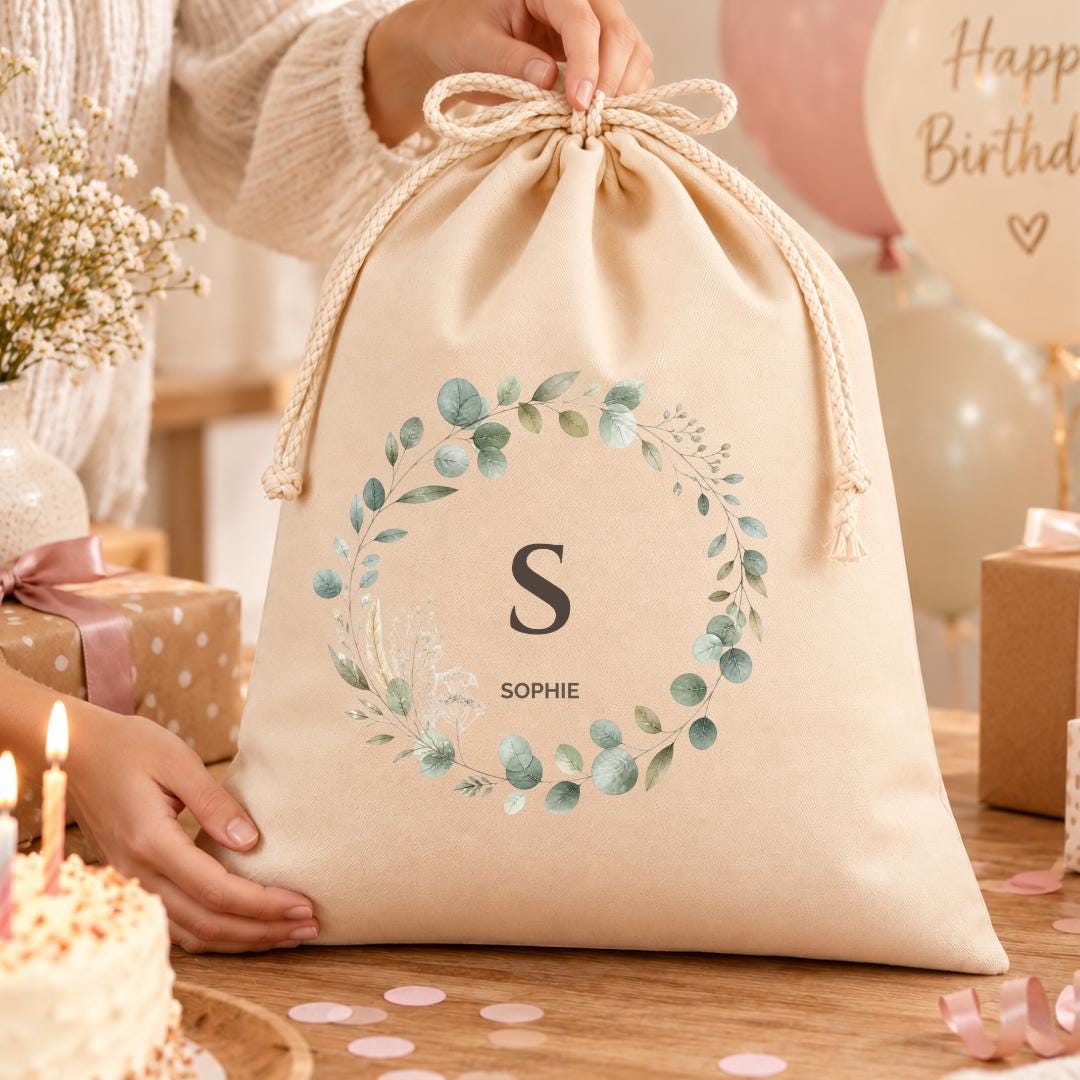 Geschenkbeutel mit Initiale und Namen – personalisierte Geschenkverpackung zum Geburtstag für Frau Freundin, Botanische Initiale