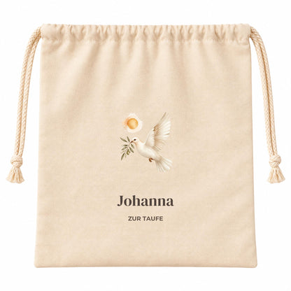 Geschenkbeutel mit Namen – personalisierte Geschenkverpackung zur Taufe, Taufgeschenk Mädchen Jungen Patenkind, Aquarell Taube