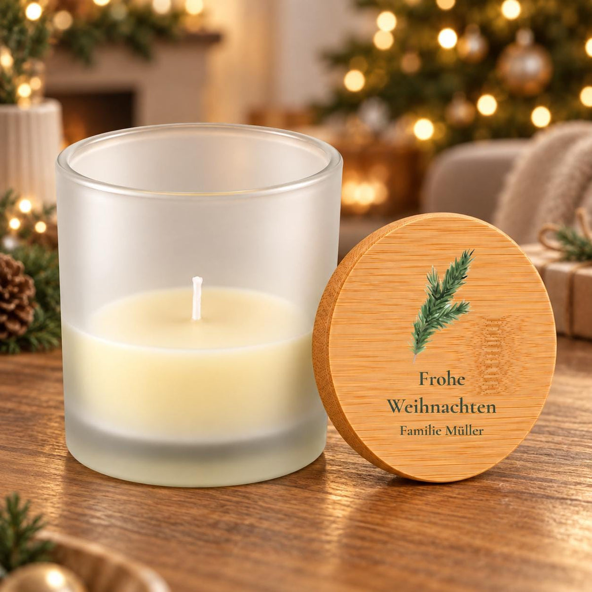 Weihnachten Duftkerze personalisiert mit Familienname | Geschenk für Familie & Eltern | Tannenzweig, Vanille im Glas mit Bambusdeckel