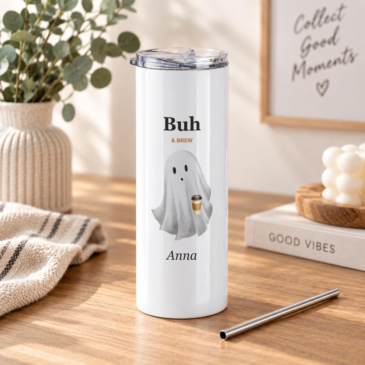 Personalisierte Thermoflasche für Kaffeefans | Halloween Geist Buh & Brew | Geschenk mit Namen, 570 ml Edelstahl mit Deckel und Trinkhalm