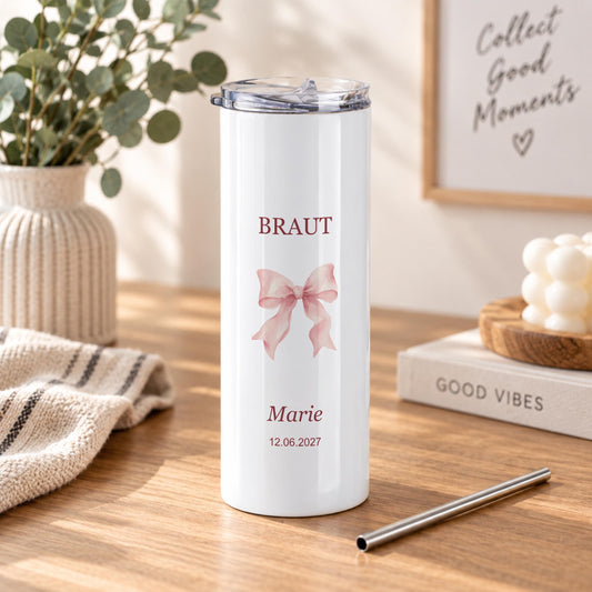 Personalisierte Thermoflasche für Braut | Rosa Schleife mit Name und Datum | JGA Hochzeitsgeschenk, 570 ml Edelstahl mit Trinkhalm