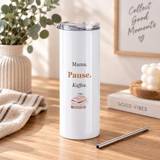Thermobecher Mama Pause Kaffee | Bücher Aquarell | Geschenk zum Muttertag oder Geburtstag, 570 ml Edelstahl mit Deckel und Trinkhalm