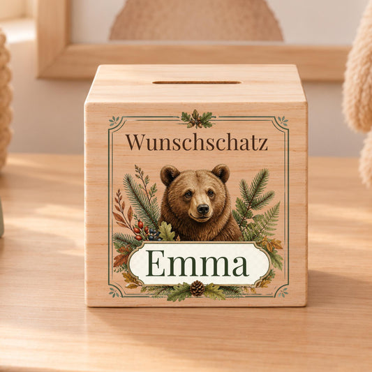 Kinderspardose aus Holz mit Name | Bär Wunschschatz | Geschenk zur Geburt und zum Kindergeburtstag | Persönliches Geldgeschenk