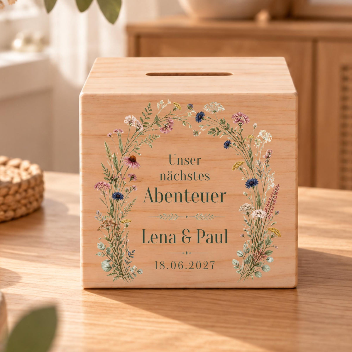 Hochzeitsspardose aus Holz mit Namen und Datum | Florale Hochzeitskasse | Geldgeschenk fürs Brautpaar | Gemeinsam sparen