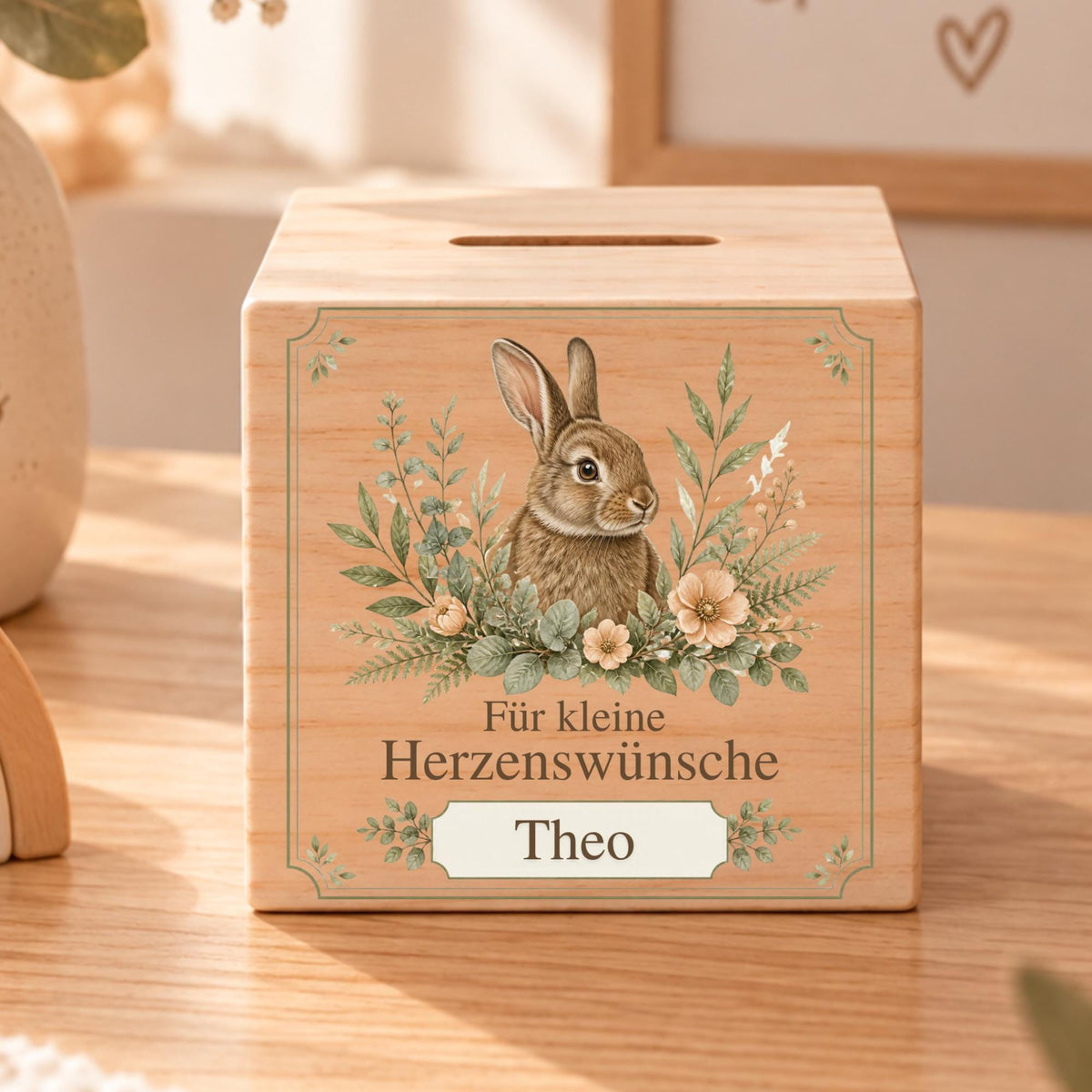 Kinderspardose aus Holz mit Name | Hase und Blumen | Ostergeschenk für Kinder | Geldgeschenk für kleine Herzenswünsche