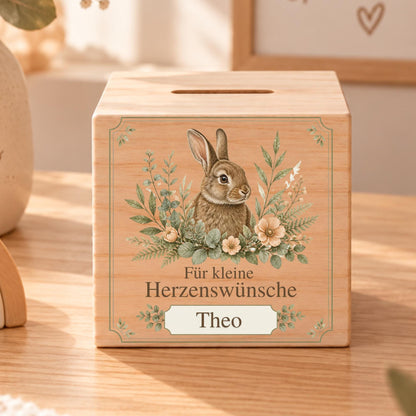 Kinderspardose aus Holz mit Name | Hase und Blumen | Ostergeschenk für Kinder | Geldgeschenk für kleine Herzenswünsche