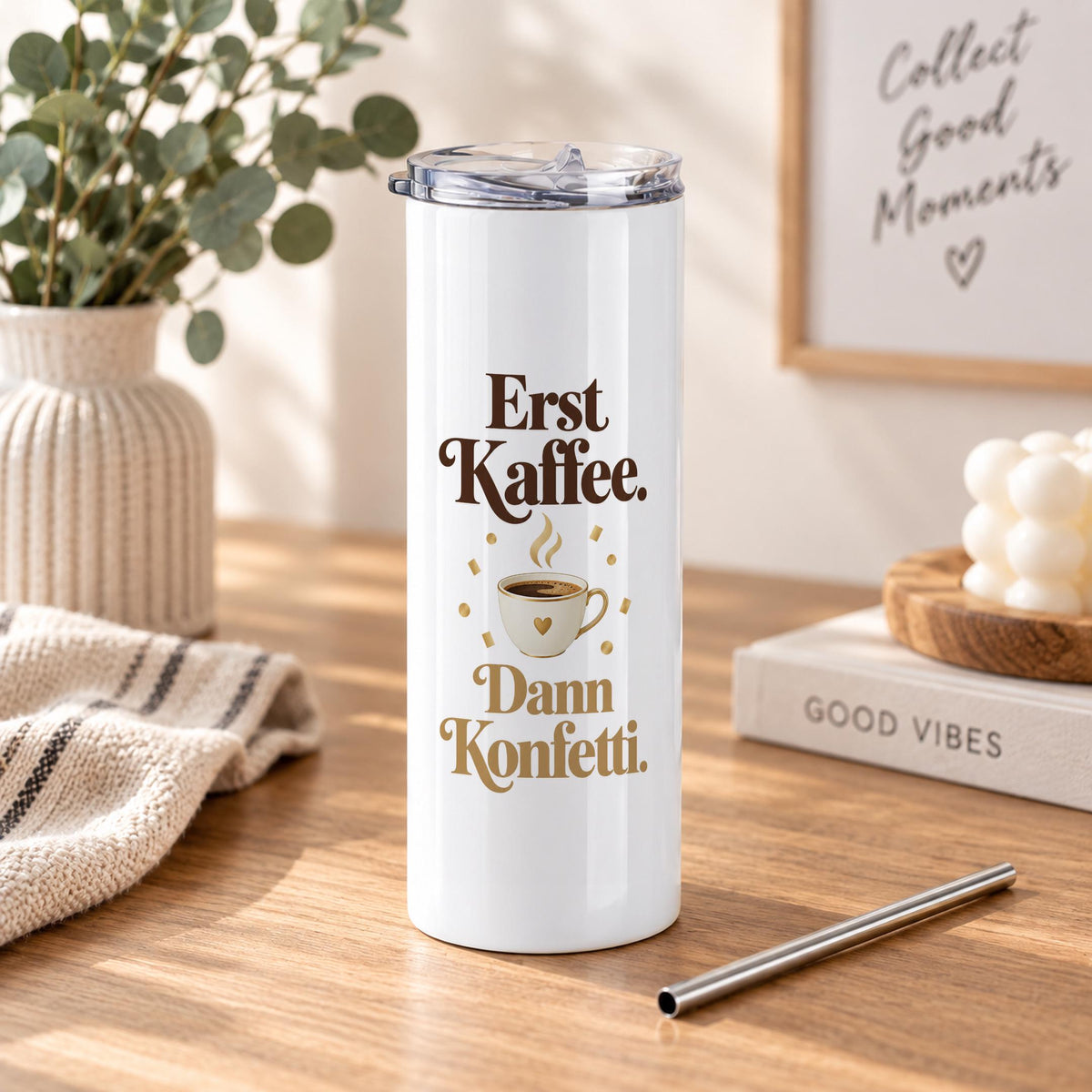 Thermobecher Erst Kaffee Dann Konfetti | Lustiger Spruch Goldoptik | Geburtstagsgeschenk Freundin Kollegin, 570 ml Edelstahl mit Trinkhalm