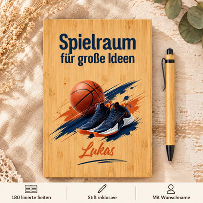 Personalisiertes Bambus Notizbuch mit Namen und Wunschtext | Sport-Tagebuch, Trainingsnotizen | Stift, linierte Seiten | Trainer, Sportler