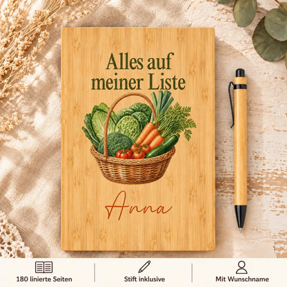 Personalisiertes Bambus Notizbuch mit Namen und Wunschtext | Einkaufsplaner, Haushaltsnotizen | Stift, linierte Seiten | Einkaufsliste, Büro