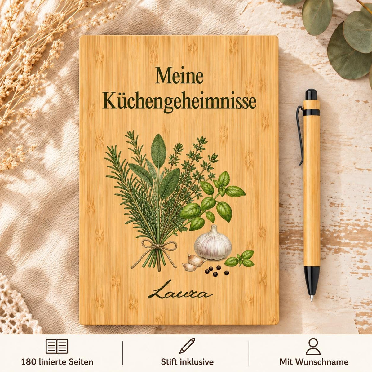 Personalisiertes Bambus Notizbuch mit Namen und Wunschtext | Rezept-Journal, Rezepte zum Selberschreiben | Stift, linierte Seiten