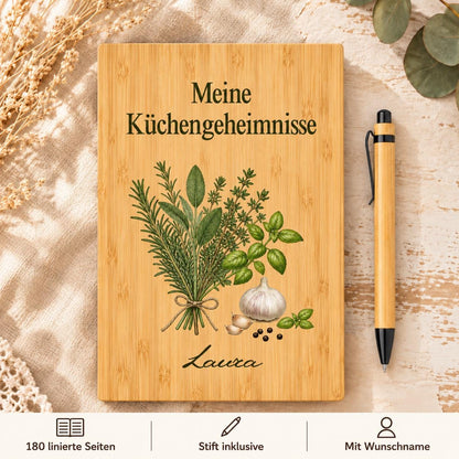 Personalisiertes Bambus Notizbuch mit Namen und Wunschtext | Rezept-Journal, Rezepte zum Selberschreiben | Stift, linierte Seiten