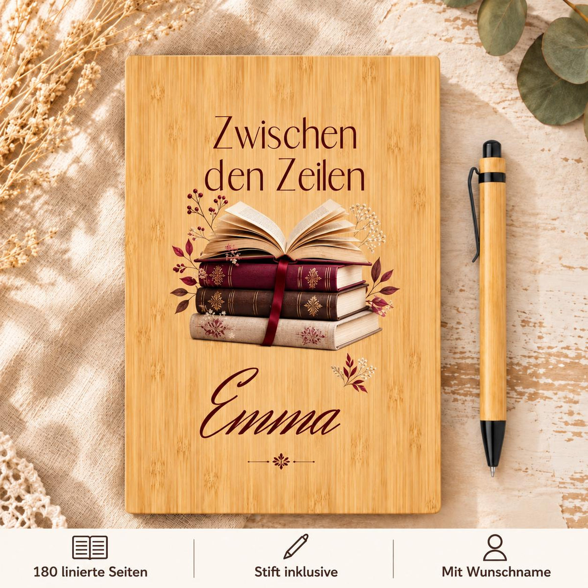 Personalisiertes Bambus Notizbuch mit Namen und Wunschtext | Lese-Journal, Buchnotizen | Stift, linierte Seiten | Bücherfans, Geburtstag