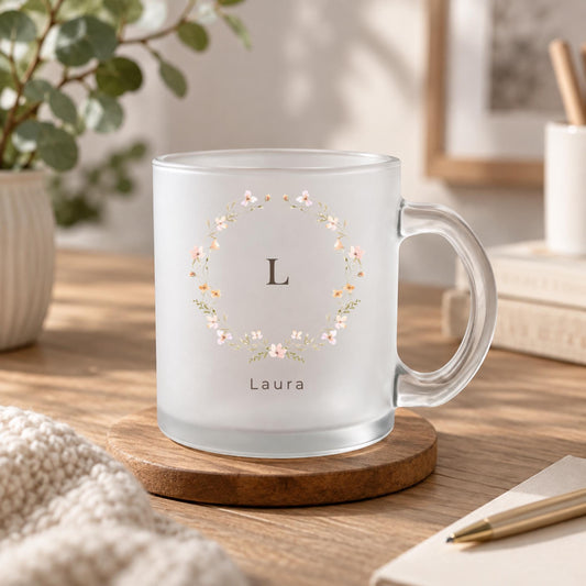 Wildblumen Glastasse personalisiert mit Namen und Initiale, Blumenkranz Monogramm, klar satiniert 300 ml, Geschenk Freundin Tante Tochter