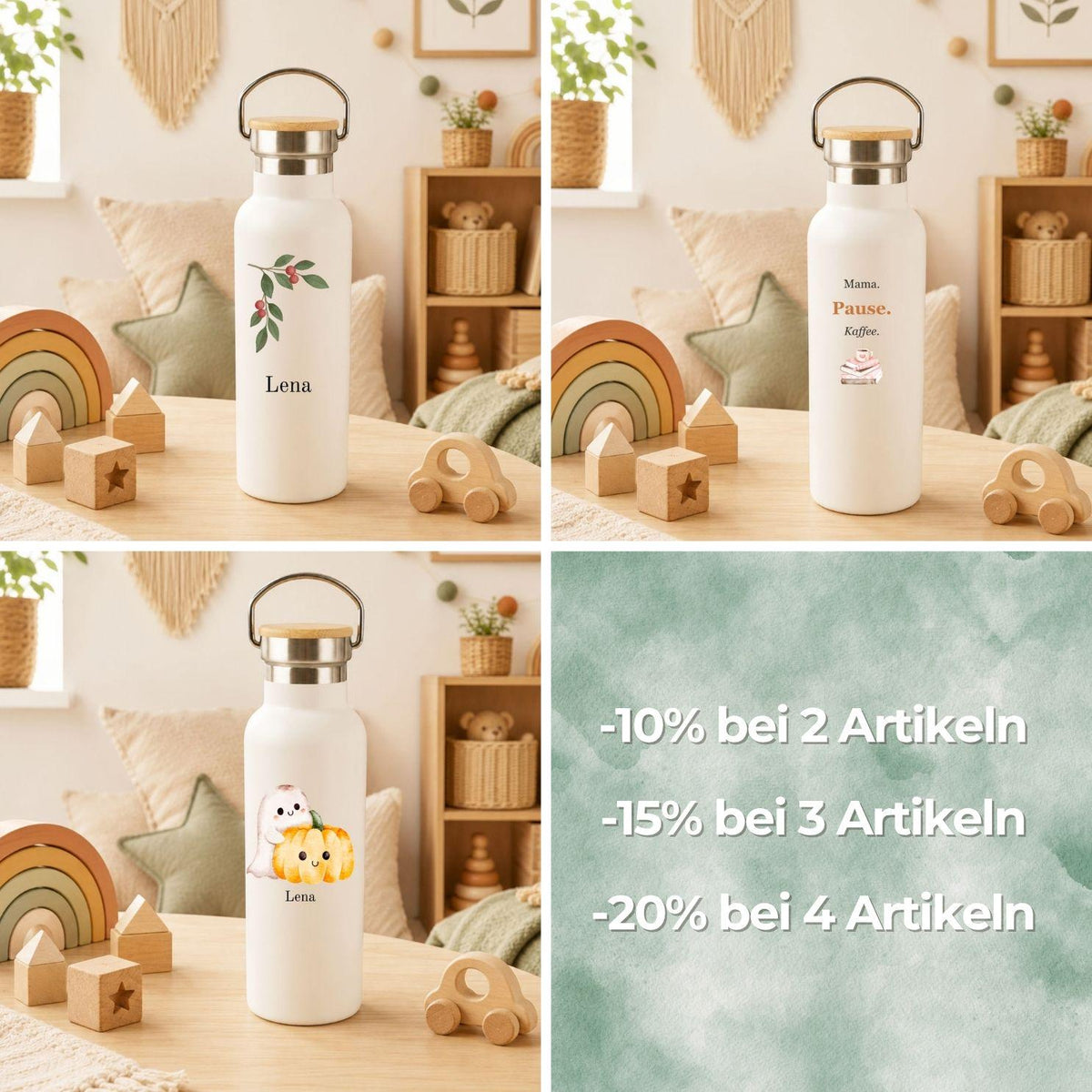 Personalisierte Thermoflasche mit Namen | Winterzweig mit Beeren | Weihnachtsgeschenk für Naturfans, Wichteln | Bambusdeckel, 490 ml