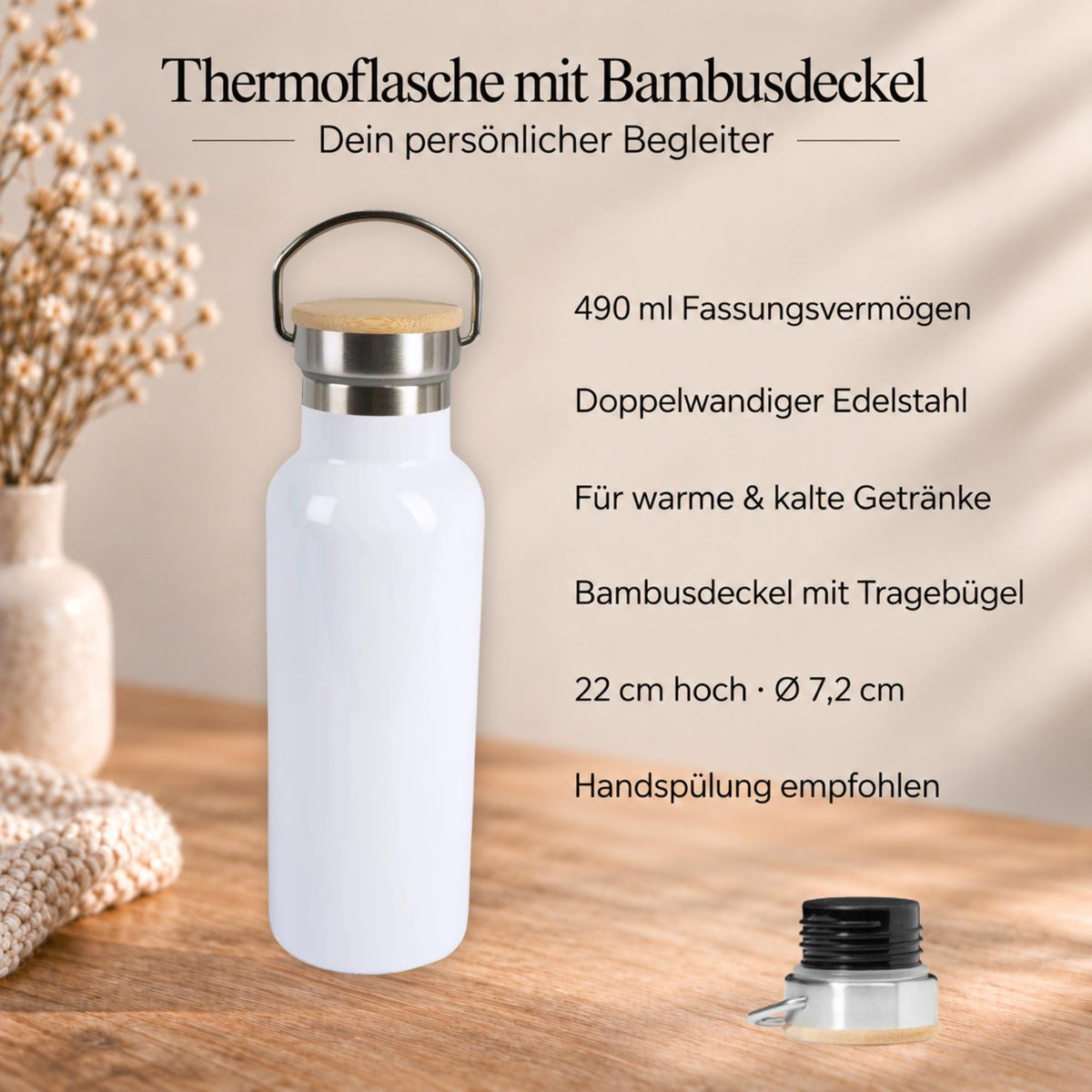 Personalisierte Thermoflasche mit Namen | Draußen sein tut gut | Geschenk für Naturfreunde & Wanderer zum Geburtstag | Bambusdeckel, 490 ml