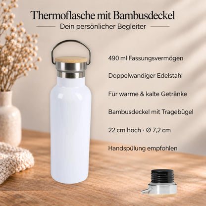 Personalisierte Thermoflasche mit Namen | Draußen sein tut gut | Geschenk für Naturfreunde & Wanderer zum Geburtstag | Bambusdeckel, 490 ml