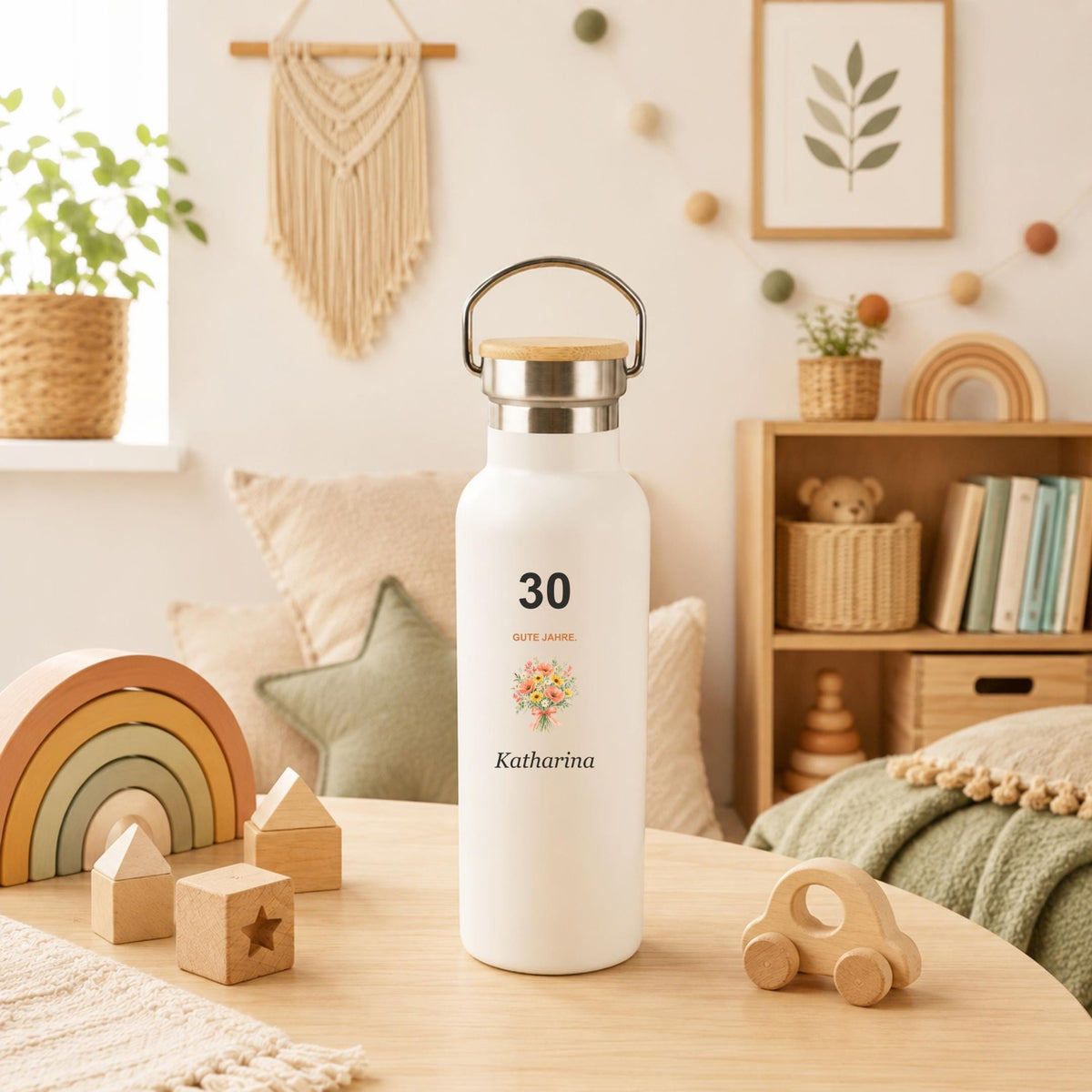 Personalisierte Thermoflasche mit Alter und Namen | Gute Jahre mit Blumen | Geschenk zum runden Geburtstag | Bambusdeckel, 490 ml