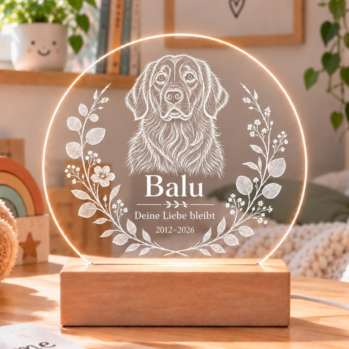 Personalisiertes Nachtlicht rund, Hund vom Foto, LED Acryl mit Holzsockel, weißes Tierporträt mit Name und Jahren, Erinnerung Geschenk