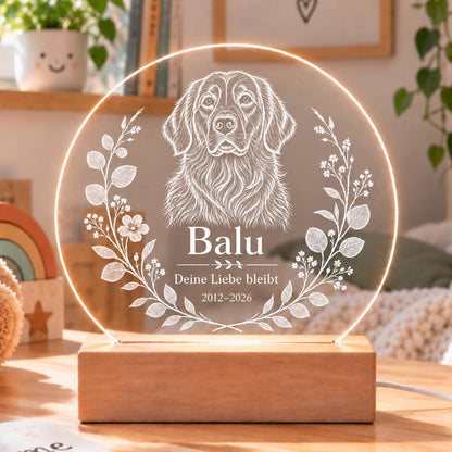 Personalisiertes Nachtlicht rund, Hund vom Foto, LED Acryl mit Holzsockel, weißes Tierporträt mit Name und Jahren, Erinnerung Geschenk
