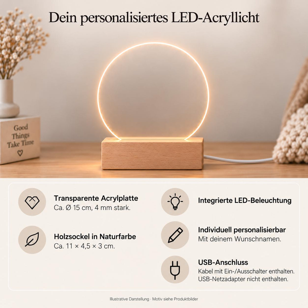Personalisiertes Nachtlicht rund für Hund und Katze, Tierliebe floral, LED Acryl mit Holzsockel, Name und Datum, Geschenk Tierliebhaber