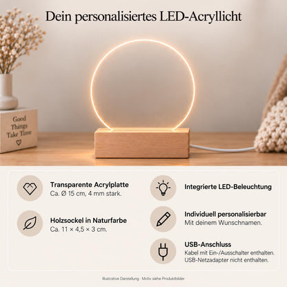 Personalisiertes Nachtlicht rund für Hund und Katze, Tierliebe floral, LED Acryl mit Holzsockel, Name und Datum, Geschenk Tierliebhaber