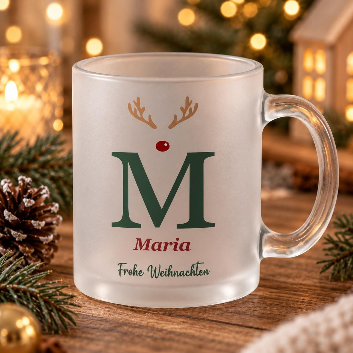 Glastasse Rentier Monogramm personalisiert, satiniert, Glühwein, Nikolaus, Advent, Weihnachtsmarkt, Weihnachtsfeier Geschenk Punschbecher