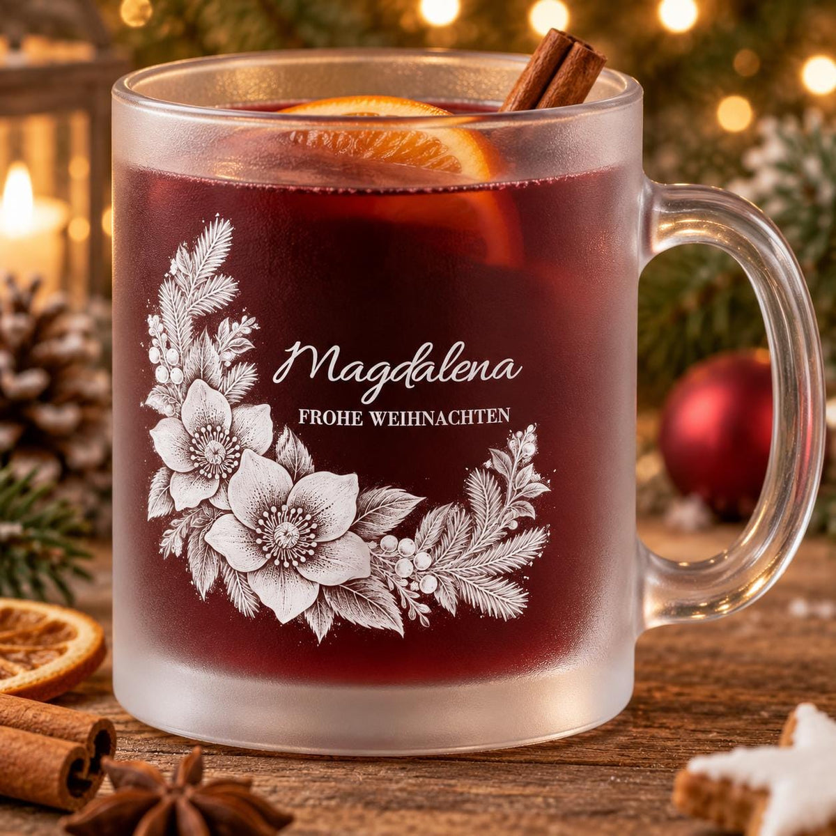 Glastasse Christrosen Weiß personalisiert, satiniert, Glühwein, Nikolaus, Advent, Weihnachtsmarkt, Weihnachtsfeier Punschbecher Geschenk
