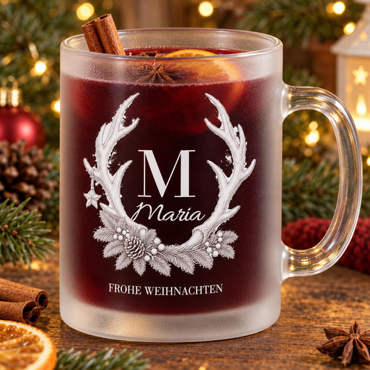 Glastasse Rentier Monogramm Weiß personalisiert, satiniert, Glühwein, Nikolaus, Advent, Weihnachtsmarkt, Weihnachtsfeier Geschenk