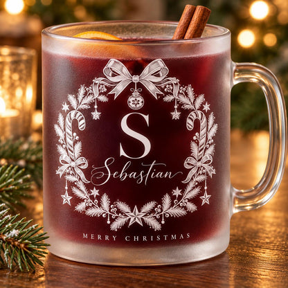 Glastasse Weihnachtsmonogramm Weiß personalisiert, satiniert, Glühwein, Nikolaus, Advent, Weihnachtsmarkt, Weihnachtsfeier Punsch Geschenk