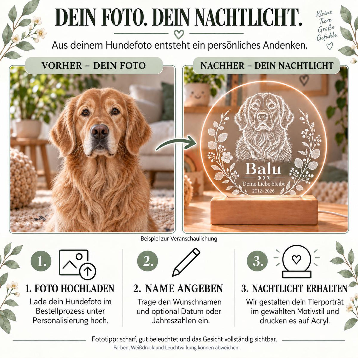 Personalisiertes Nachtlicht rund, Hund vom Foto, LED Acryl mit Holzsockel, weißes Tierporträt mit Name und Jahren, Erinnerung Geschenk
