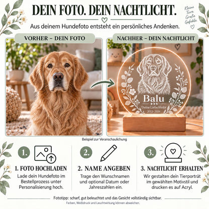 Personalisiertes Nachtlicht rund, Hund vom Foto, LED Acryl mit Holzsockel, weißes Tierporträt mit Name und Jahren, Erinnerung Geschenk